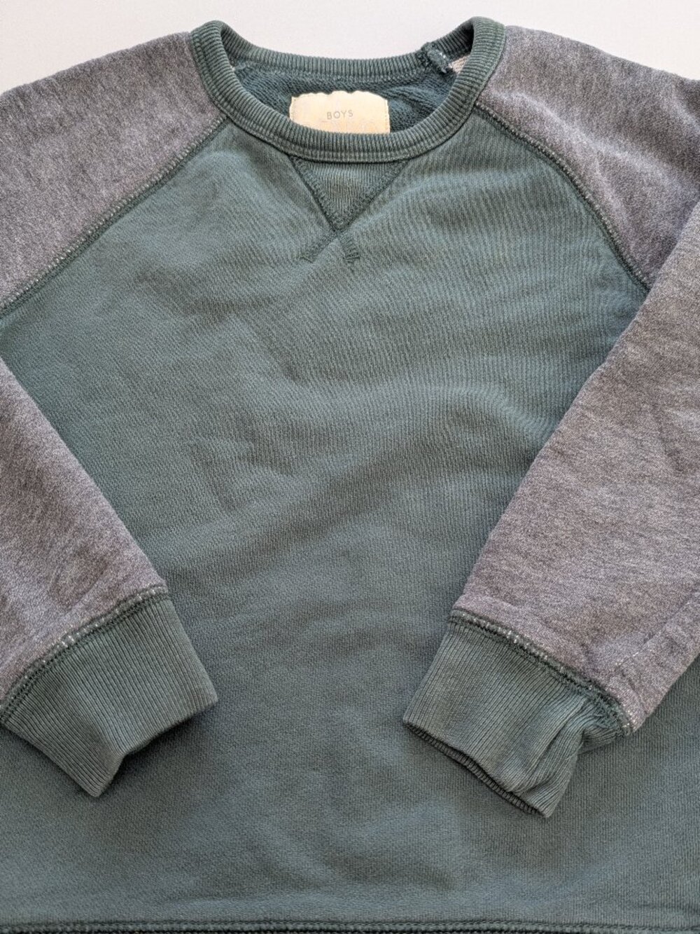 Mini Boden Boys Colorblock Raglan Crewneck Sweatshirt Green Gray